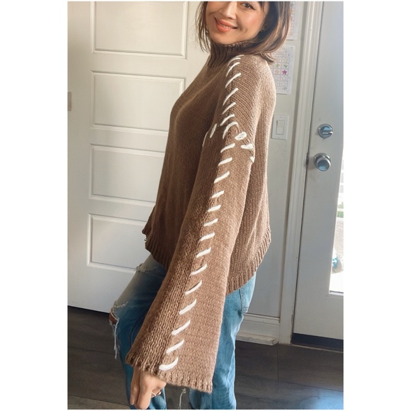 Cozy Mocha Brown Stitched Detail Turtleneck Sweater Top - Picture 12 of 13